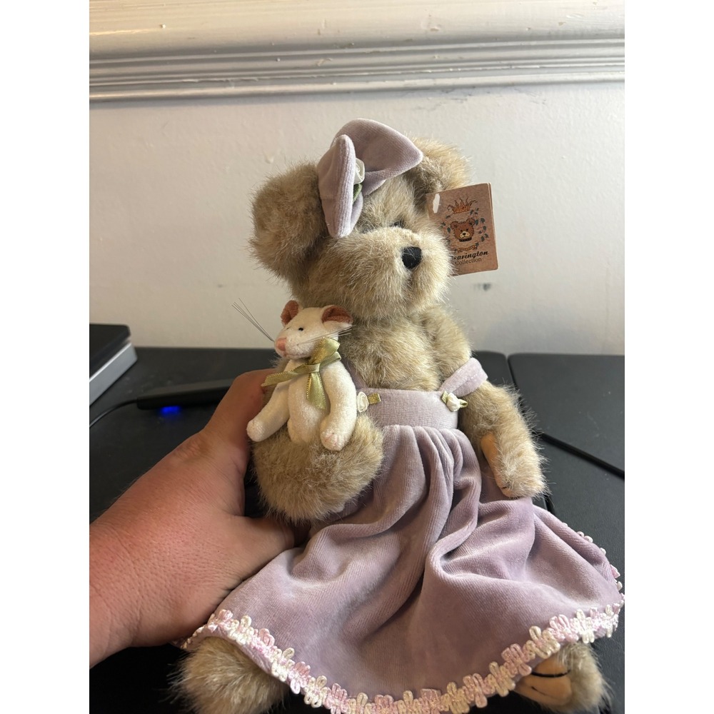 Bearington Collection Teddy Bear Plush Lavender Velvet Dress with Mouse 14 inch